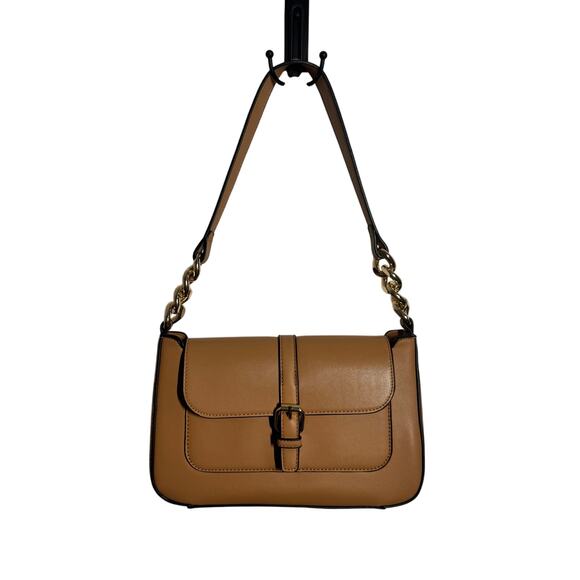 Shoulder Bag Camel Faux Leather Gold Tone Chain Detail Minimal Evening Preppy - Picture 1 of 8